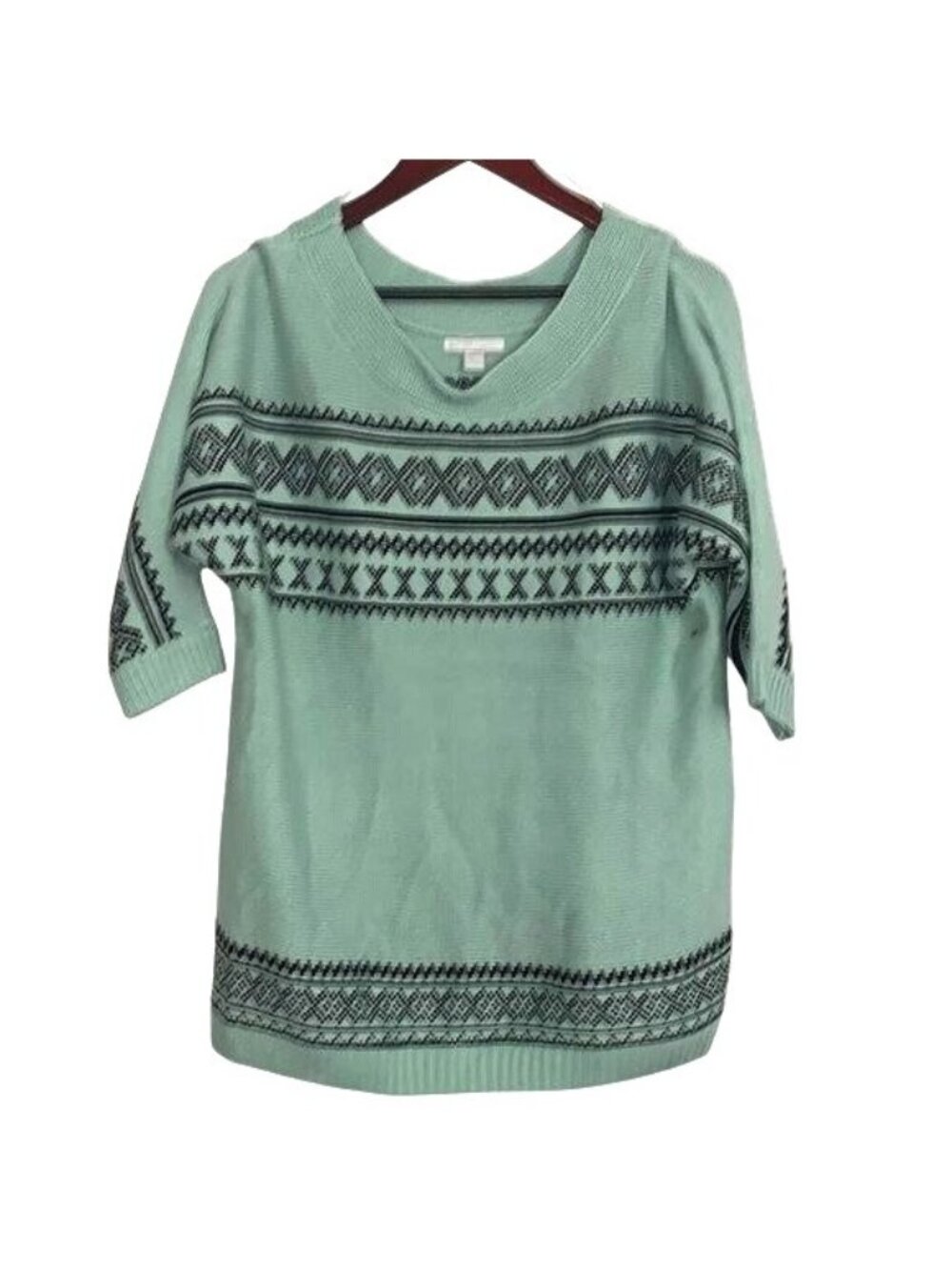New York & Company Mint Green Sweater With Black Geometric Print V-Neck 3/4 Slee